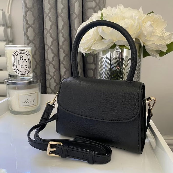 Mini Cross Body Bag Black Saffiano Vegan Leather Heavily