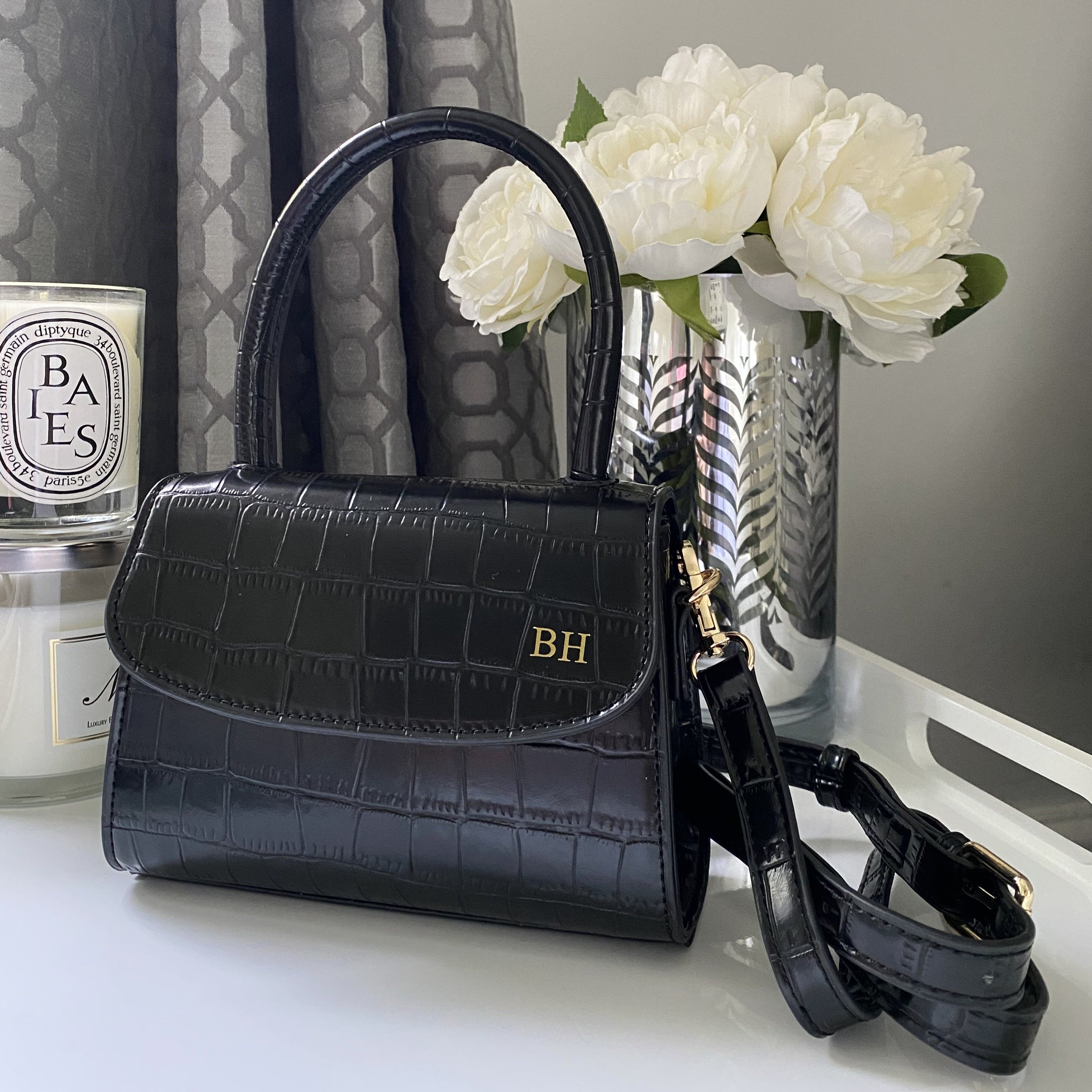Personalised Mini Cross Body Bag - Black Croc Vegan Leather