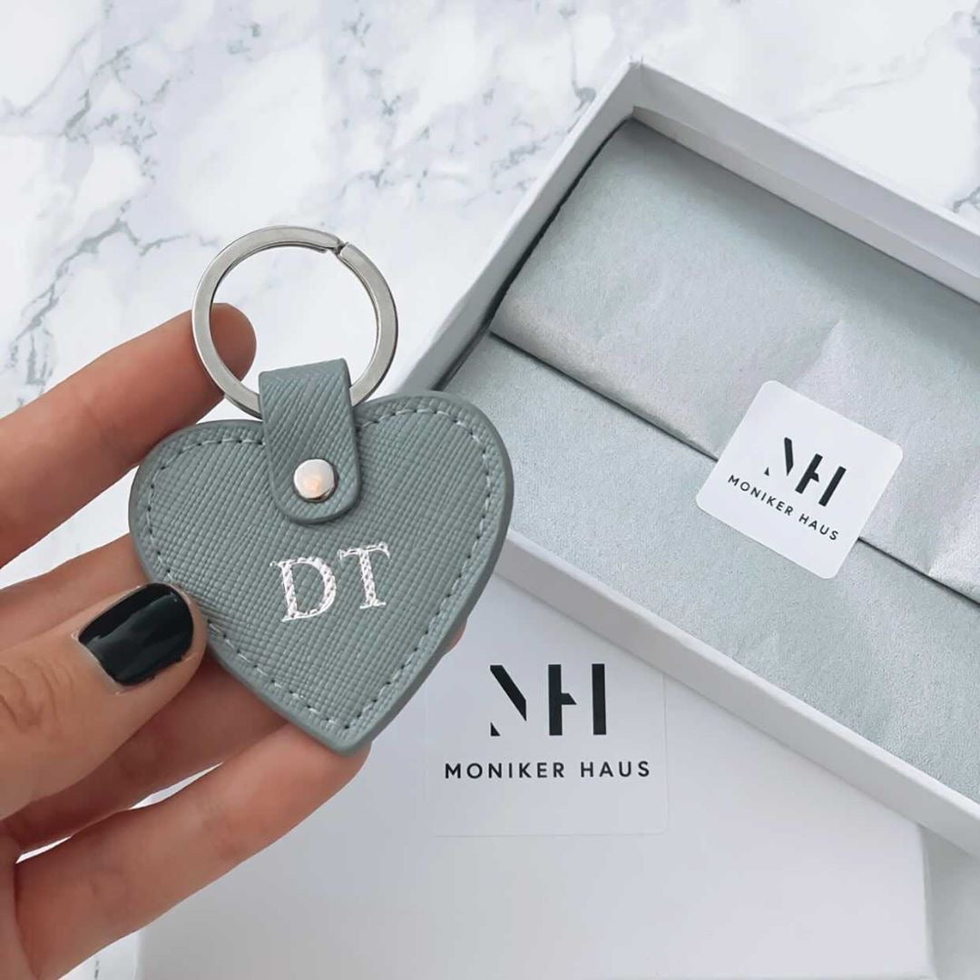 Personalised Mini Heart Keyring - Grey Saffiano Leather