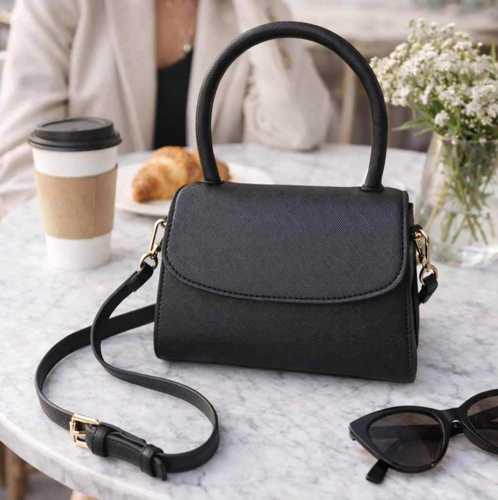 Mini Cross Body Bag - Black Saffiano Vegan Leather - Heavily Discounted due to No Personalisation