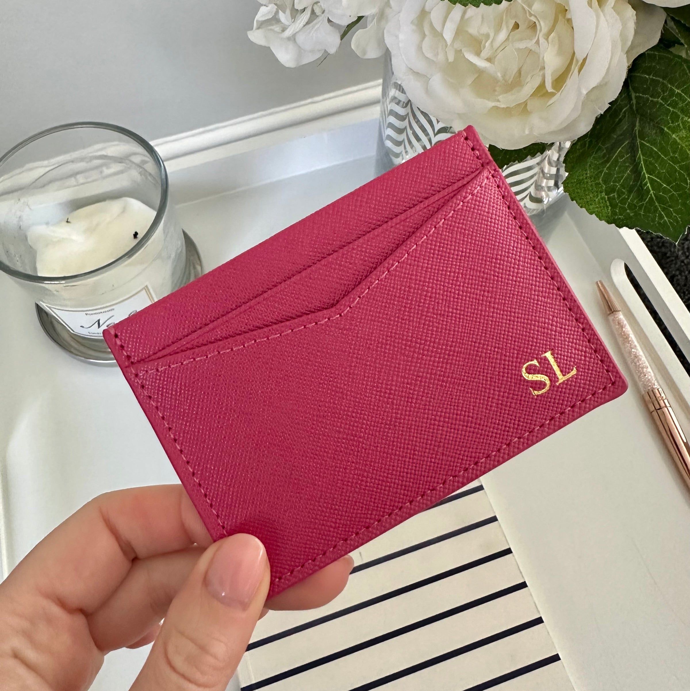 Personalised Card Holder - Pink Saffiano Leather