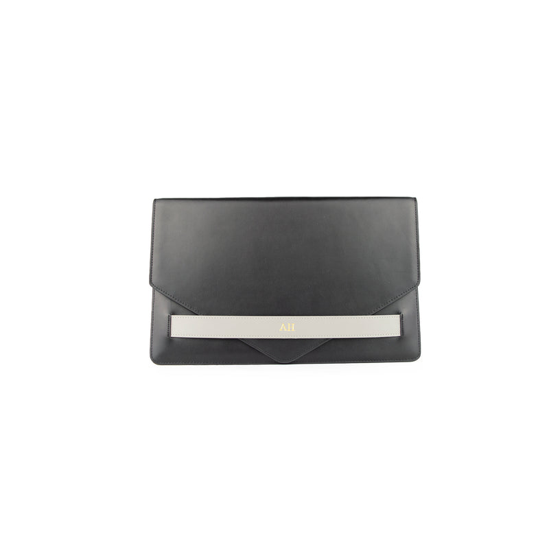  Personalised Black/Grey Monogrammed Smooth Leather Envelope Clutch Bag