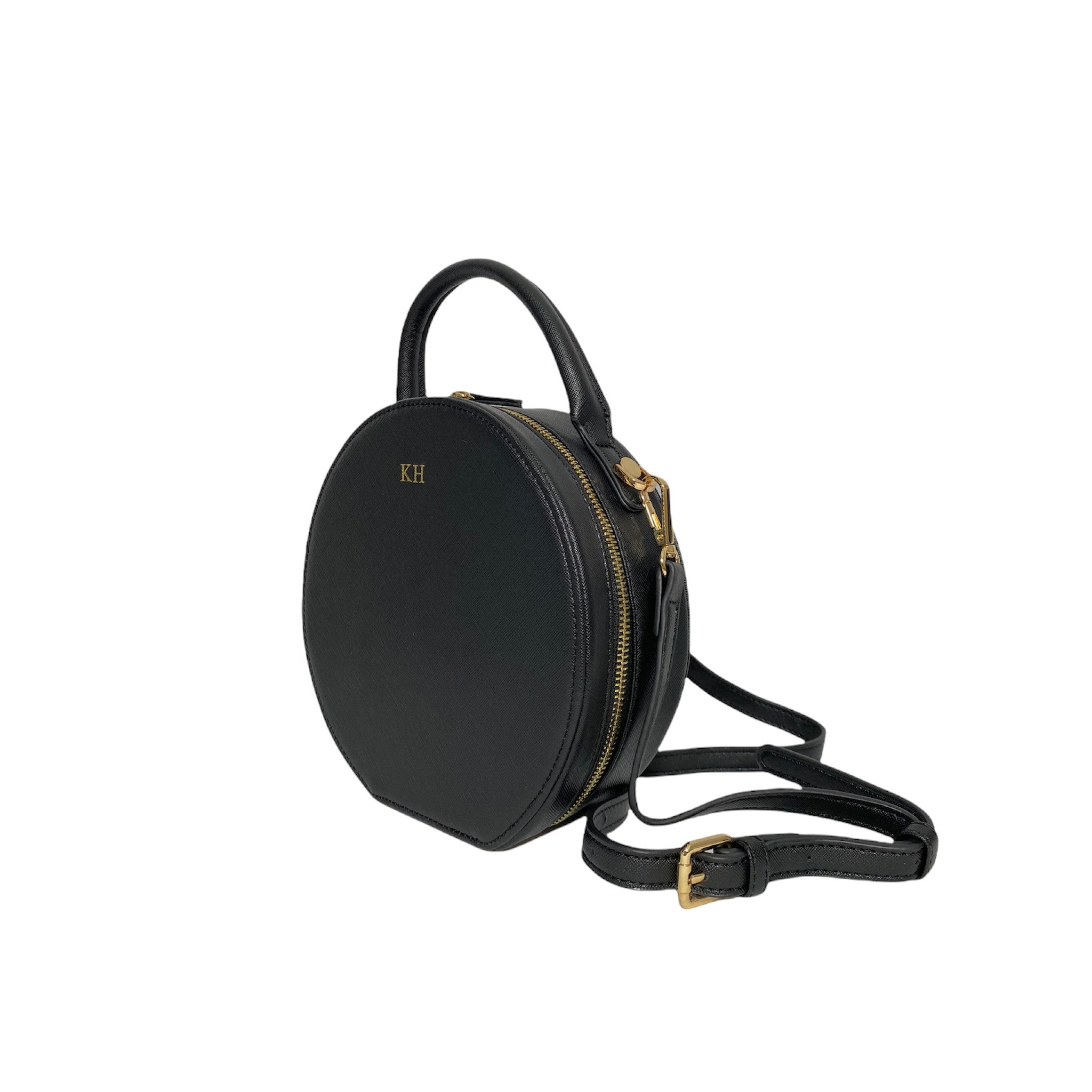 Personalised Round Cross Body Bag Black Saffiano Vegan Leather