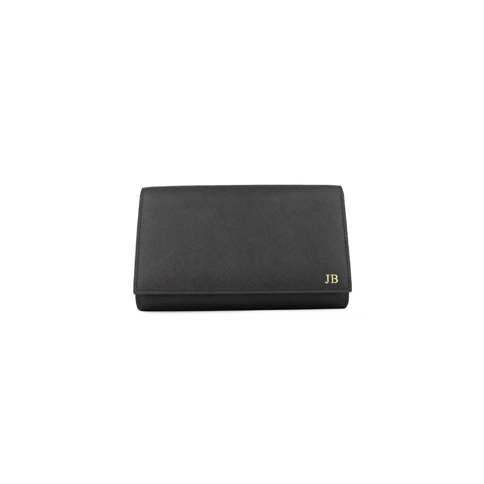 Personalised Black Monogrammed Saffiano Leather Travel Document Holder / Clutch Bag